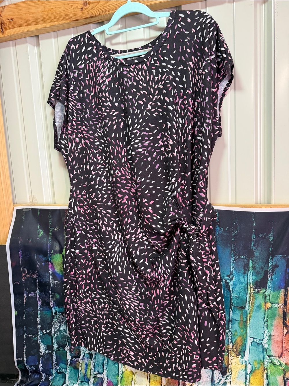Nicole Miller Black Dress with Pink & White Dash Pattern